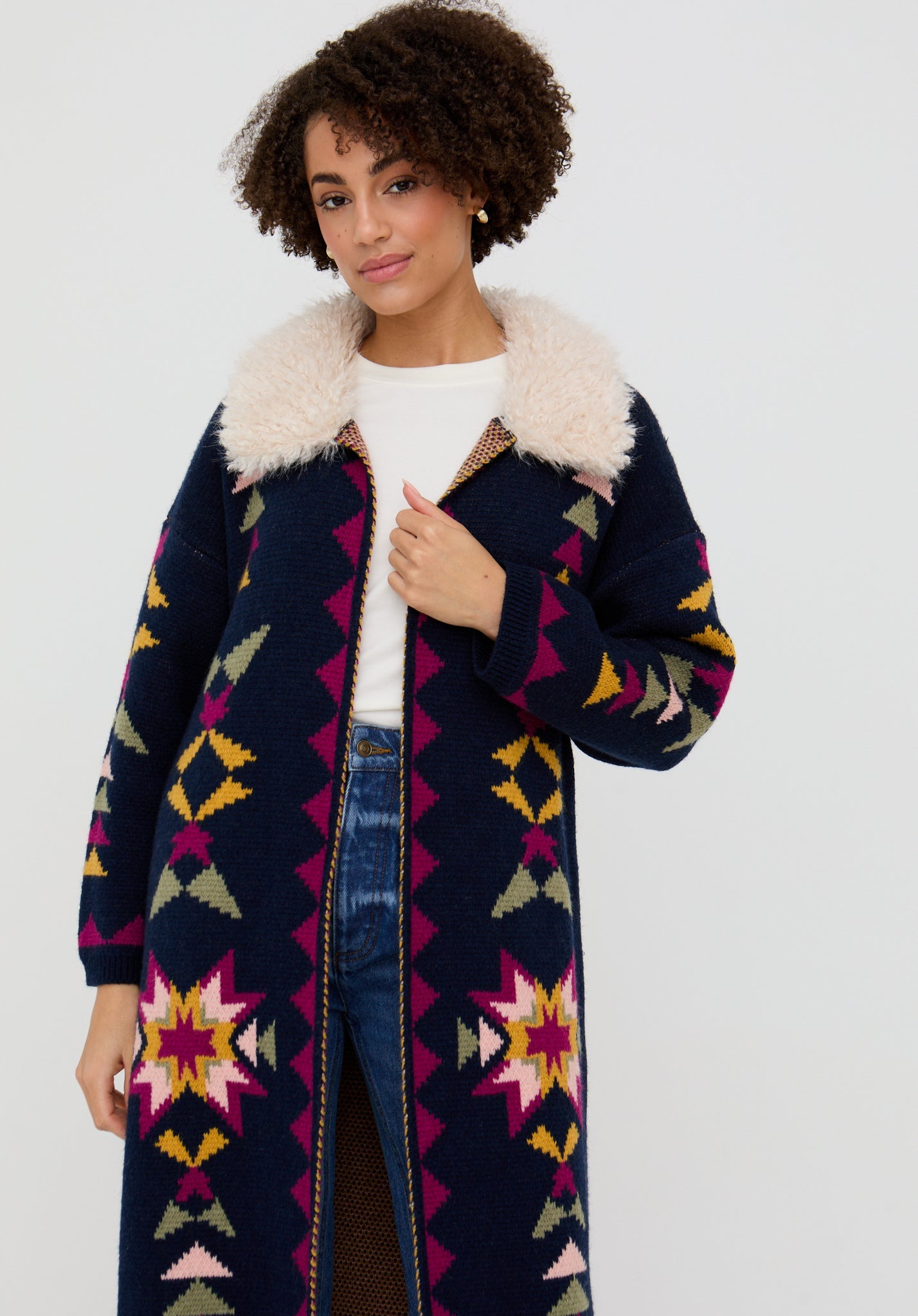 Cathy Jacquard Long Line Cardigan In Navy