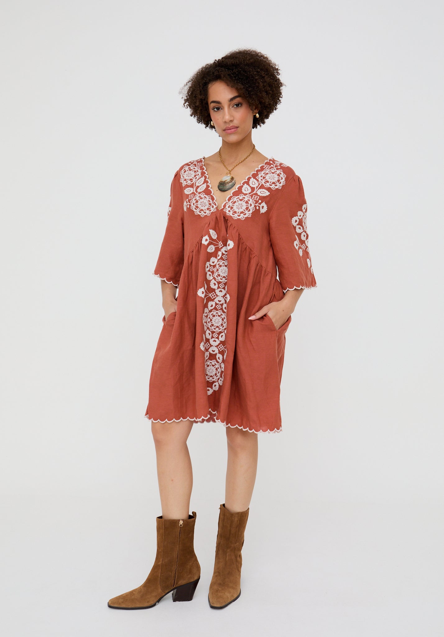Arabella V- Neck Embroidered Mini Dress In Brown