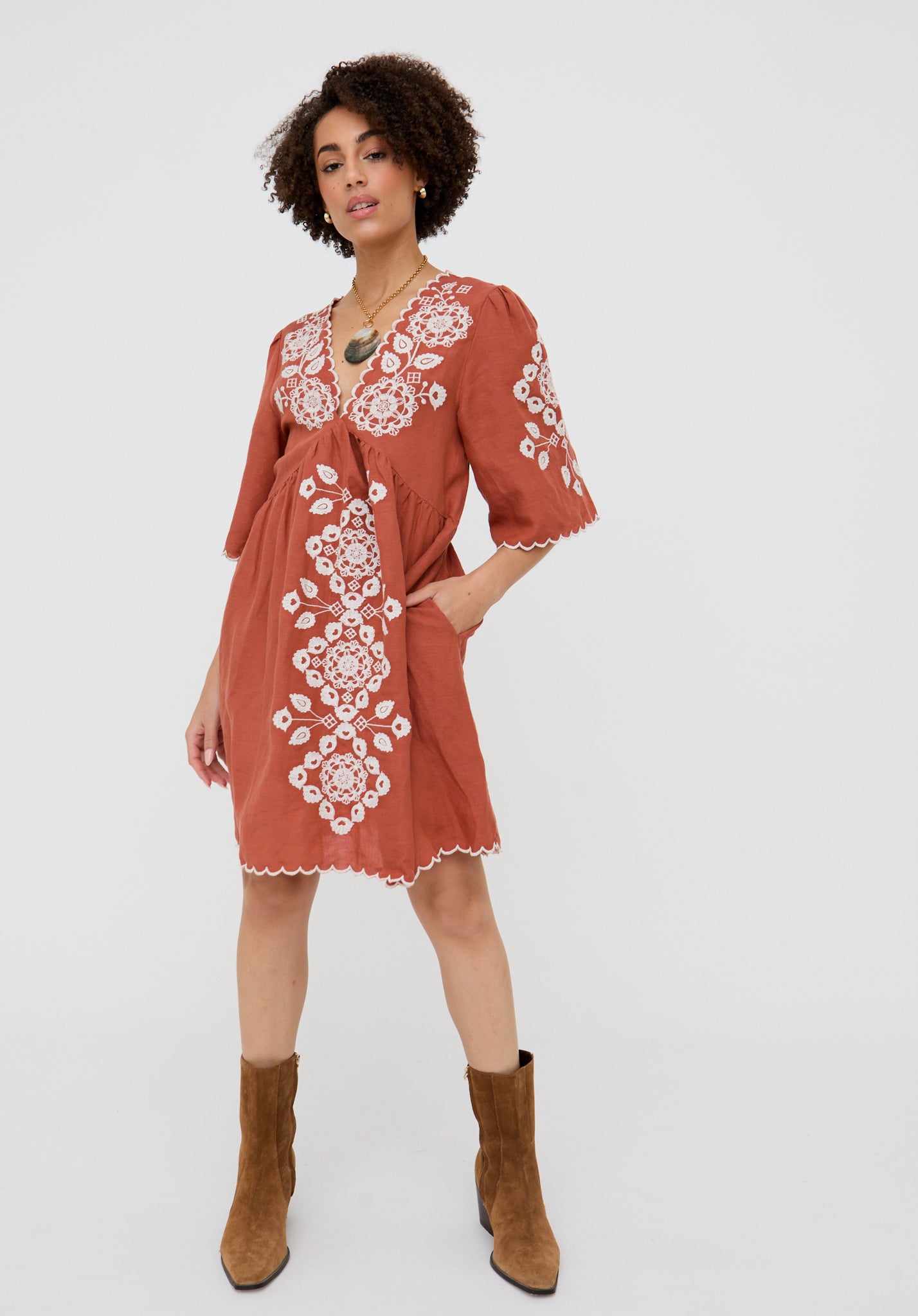 Arabella V- Neck Embroidered Mini Dress In Brown