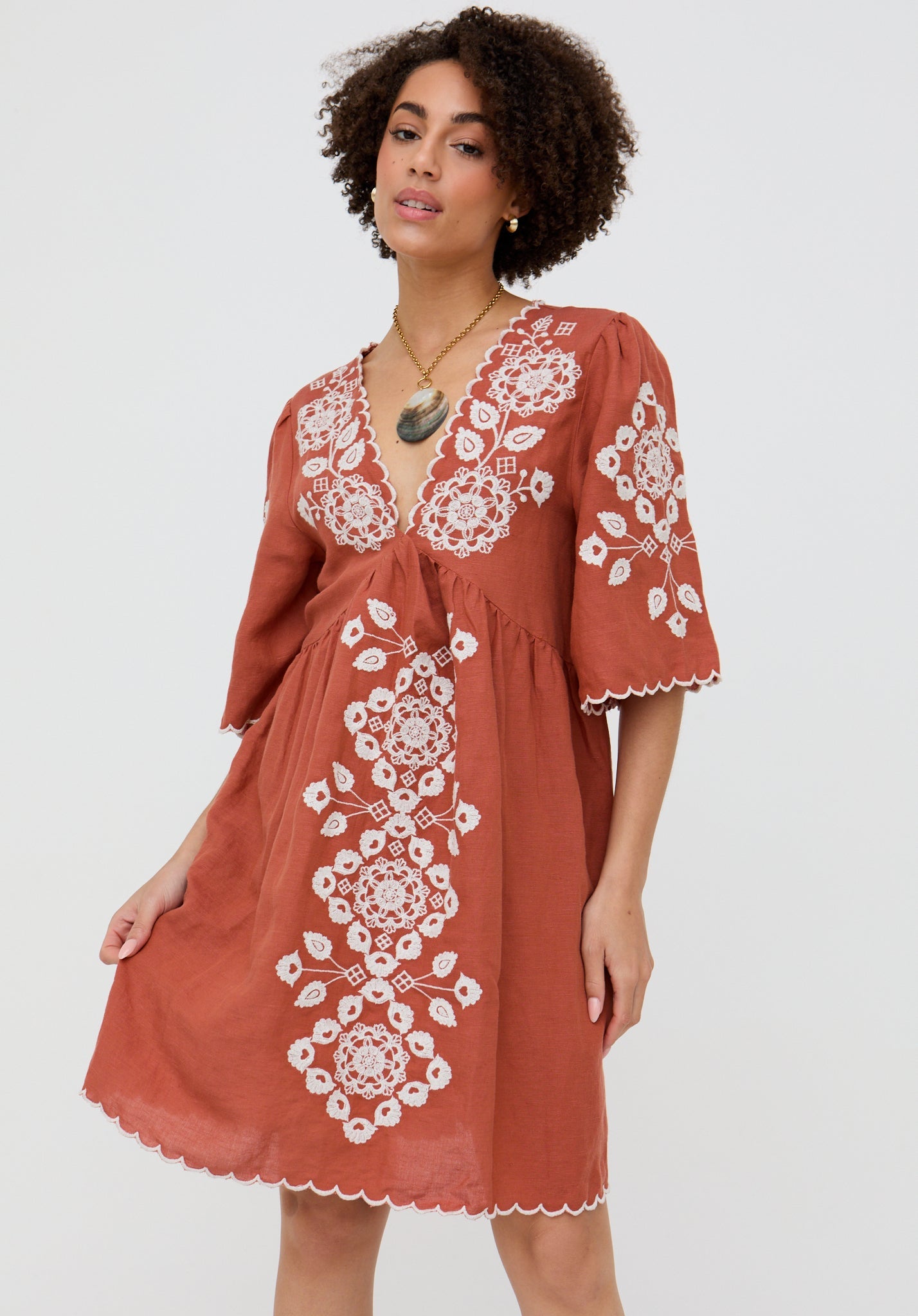 Arabella V- Neck Embroidered Mini Dress In Brown