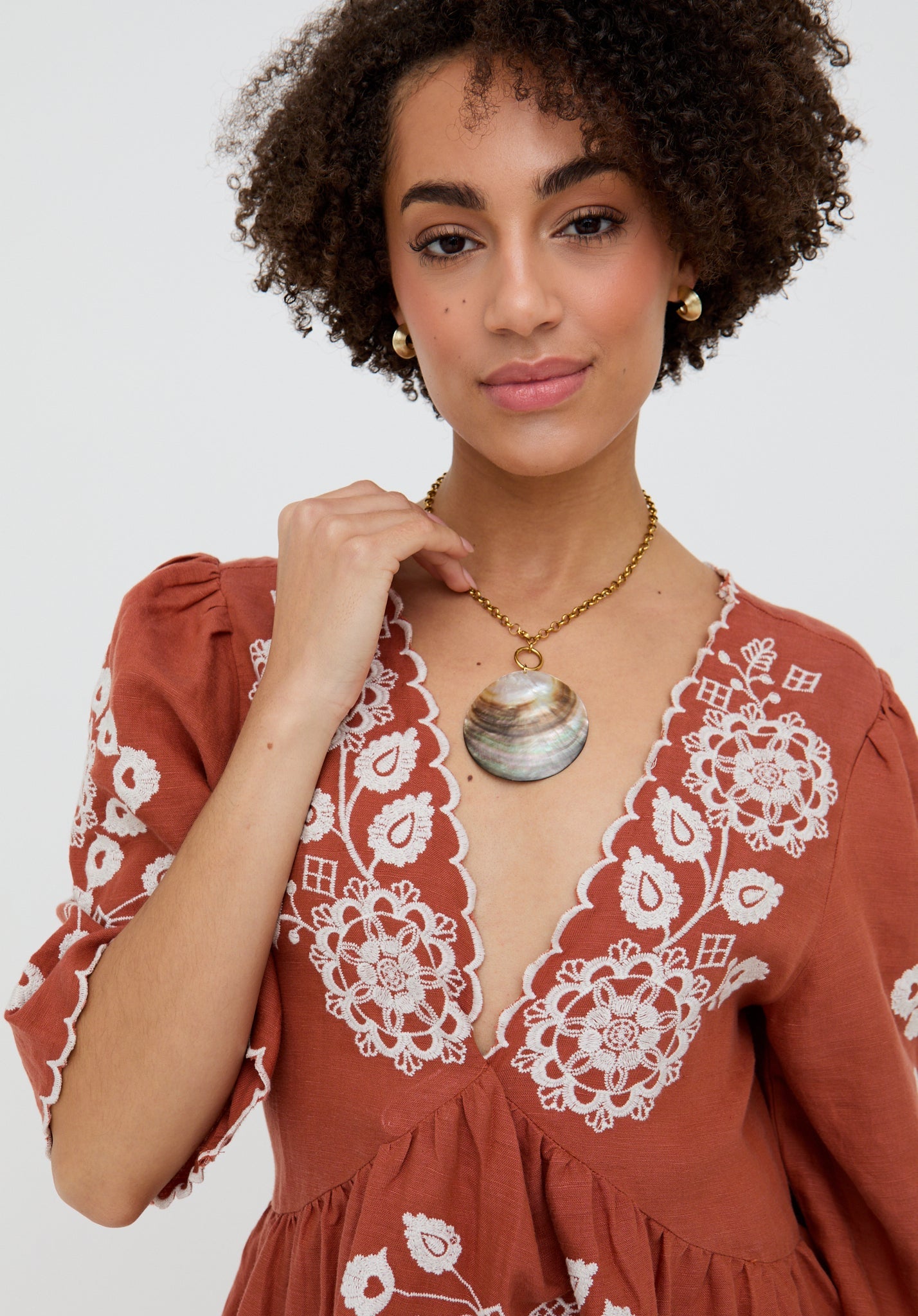 Arabella V- Neck Embroidered Mini Dress In Brown