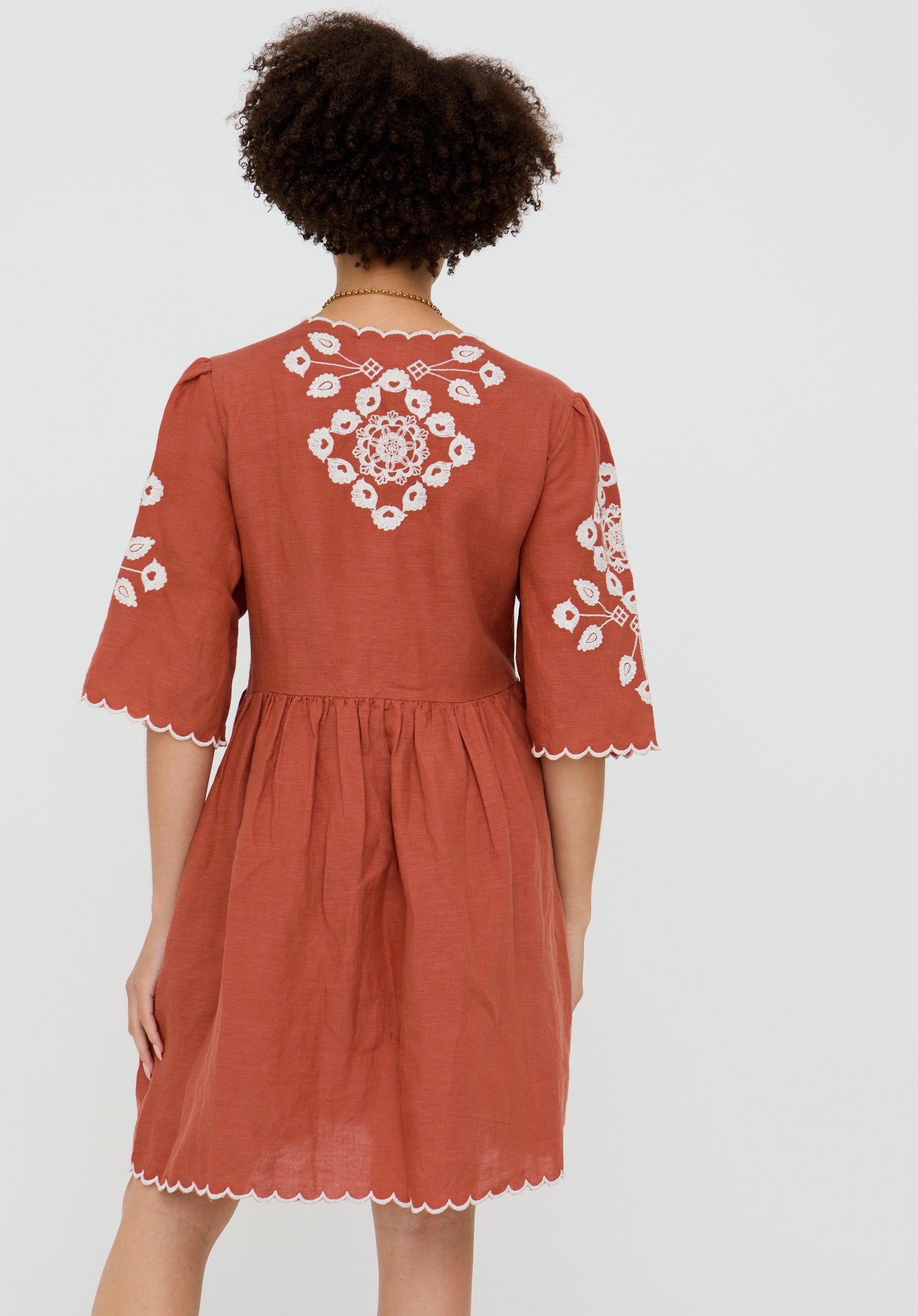 Arabella V- Neck Embroidered Mini Dress In Brown