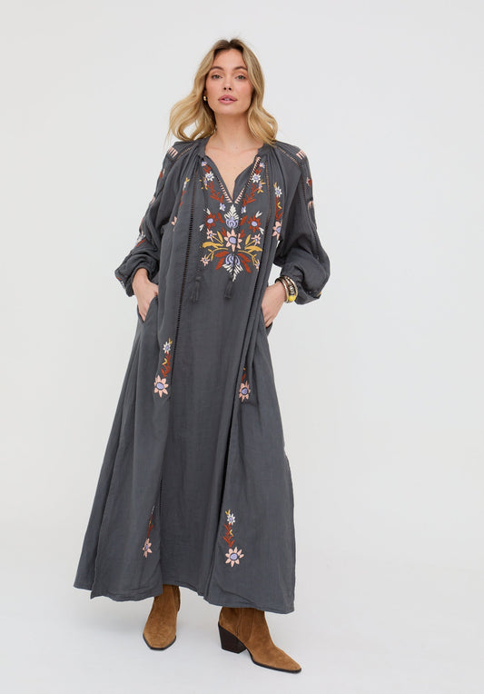 Elisa Kaftan Style Embroidered Maxi Dress In Grey