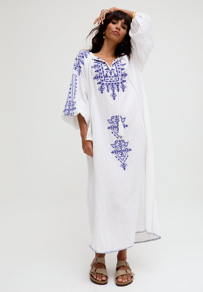 Aurelia Kaftan Style Embroidered Maxi Dress In White