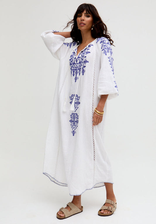 Aurelia Kaftan Style Embroidered Maxi Dress In White