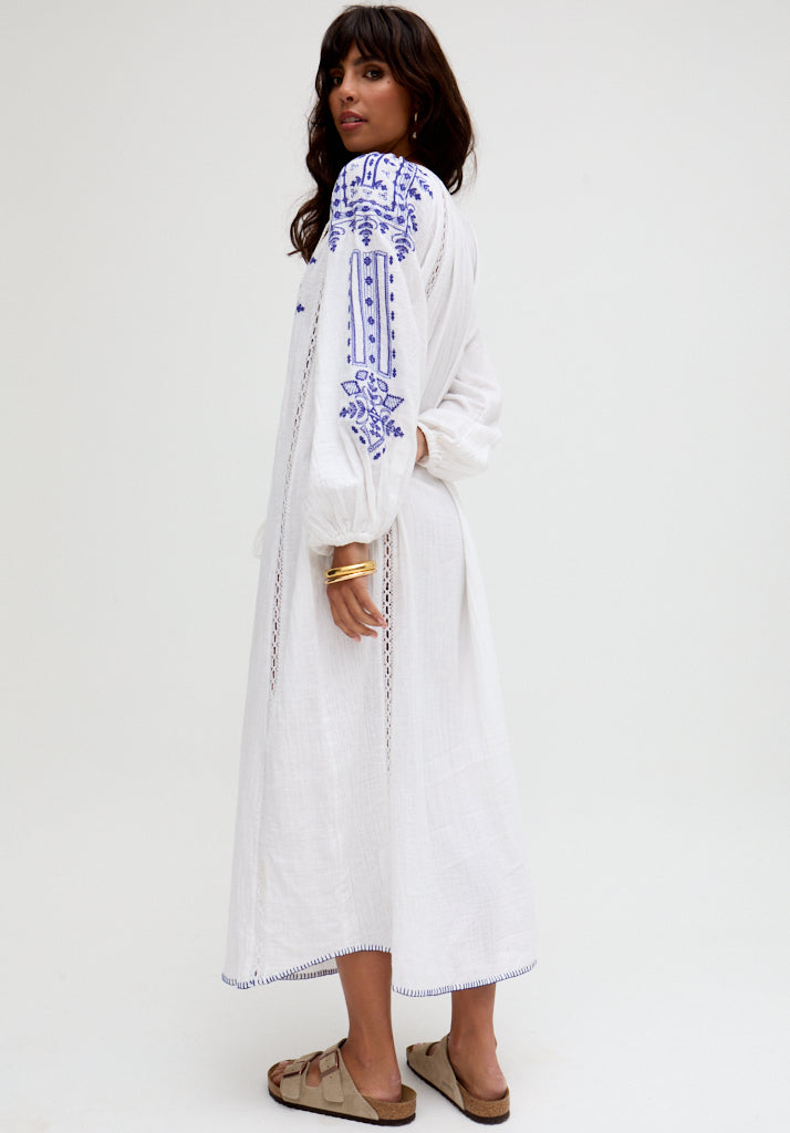 Aurelia Kaftan Style Embroidered Maxi Dress In White