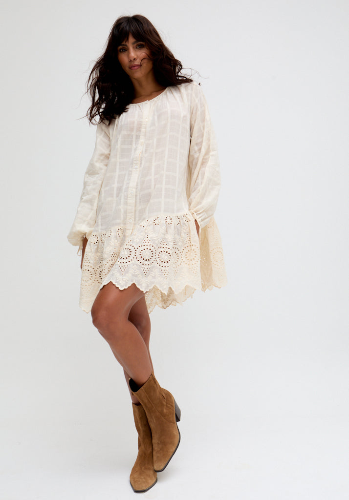 Olivia Button Down Embroidered Mini Dress In Cream