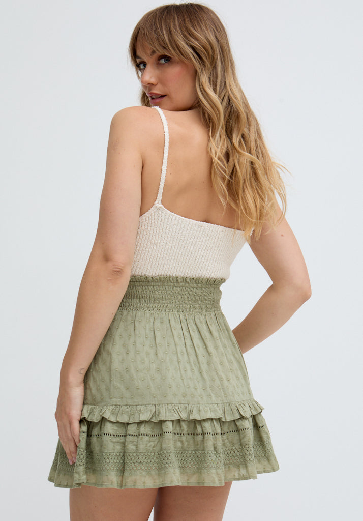 Skye Tiered Hem Embroidered Mini Skirt In Green