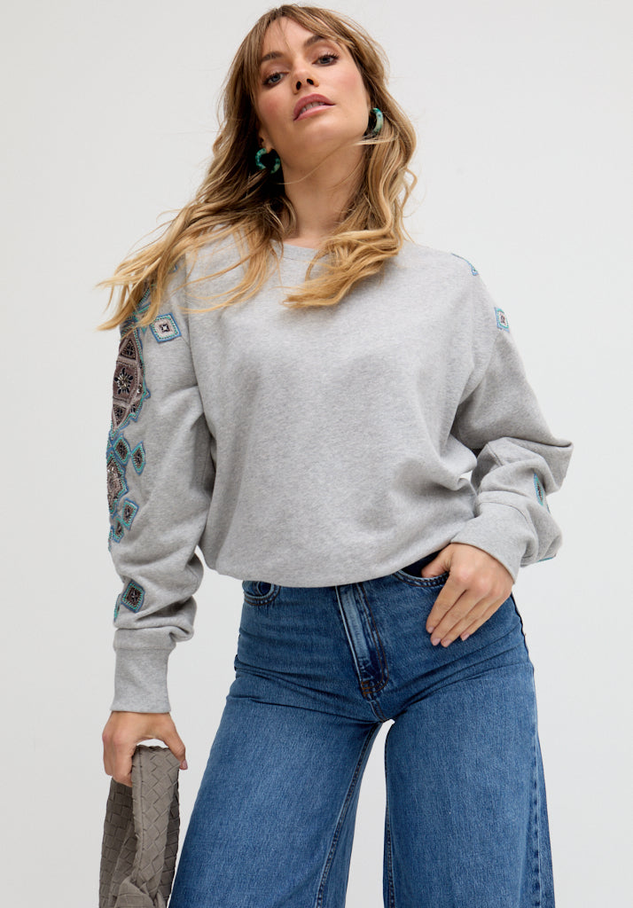 Jewel Full Sleeves Embroidered Sweatshirt In Grey