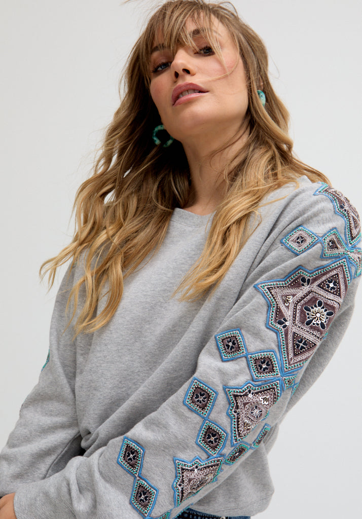 Jewel Full Sleeves Embroidered Sweatshirt In Grey