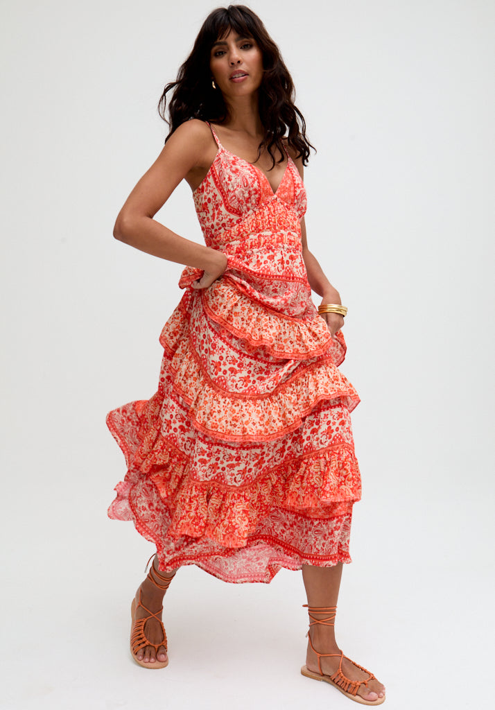 Feifei Ruffle Tiered Floral Printed Maxi Dress In Orange