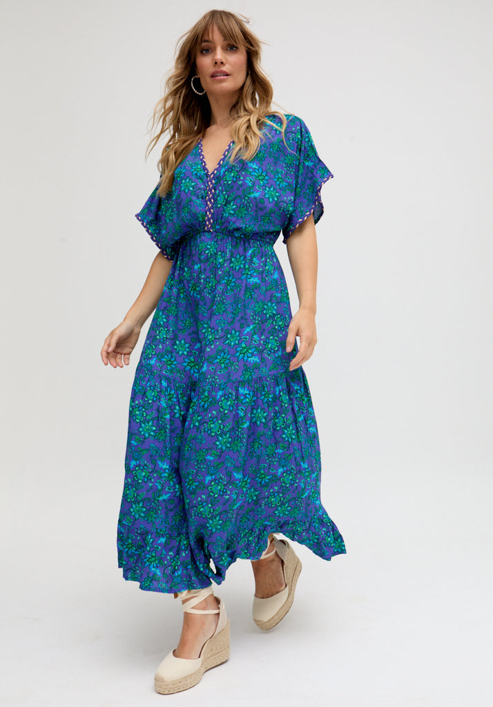 Iris Kaftan Style Floral Printed Maxi Dress In Blue