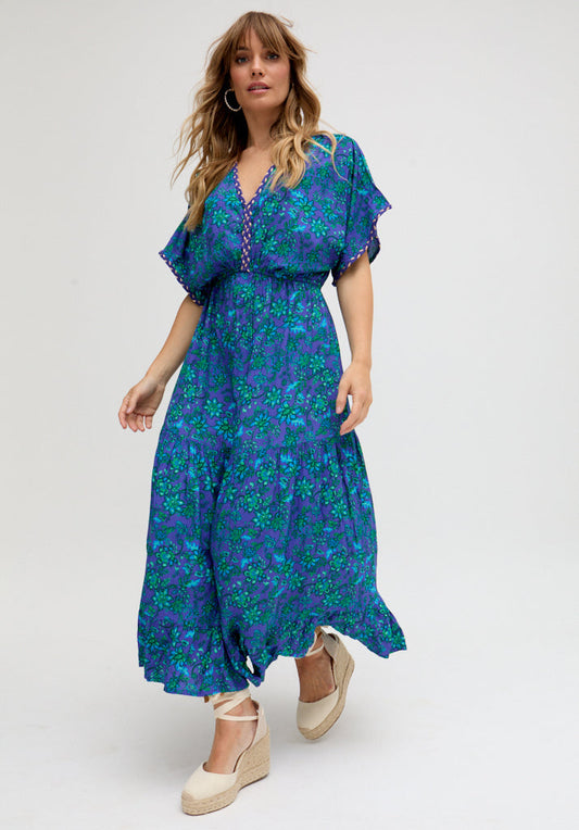 Iris Kaftan Style Floral Printed Maxi Dress In Blue