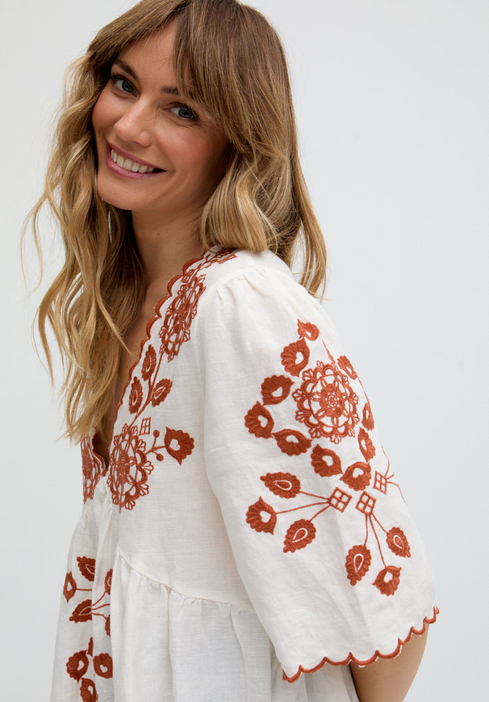 Aubrey V-Neck Embroidered Blouse In Cream