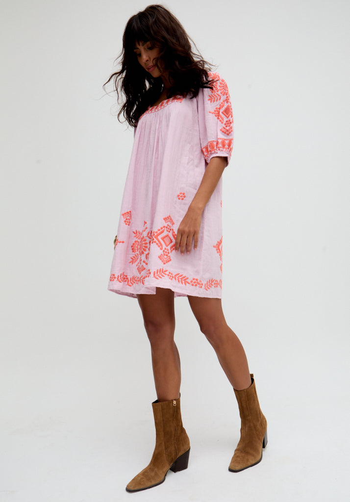 Clara Square Neck Embroidered Mini Dress In Pink