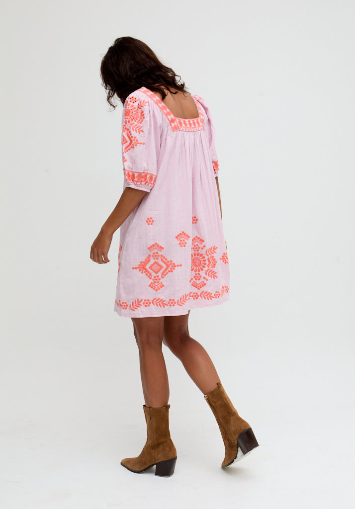 Clara Square Neck Embroidered Mini Dress In Pink