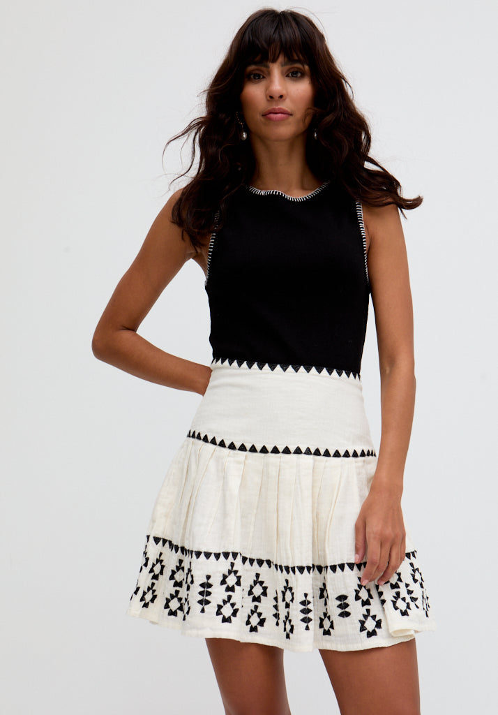 Estella Tiered Embroidered Mini Skirt In Cream