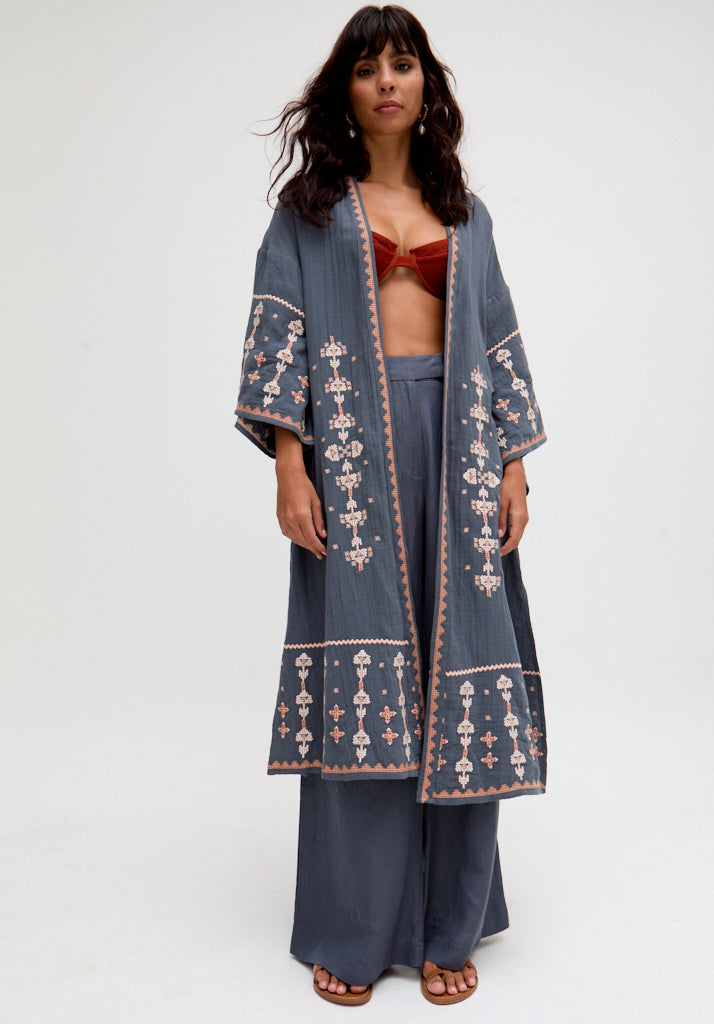 Gloral Edge To Edge Embroidered Kimono In Grey