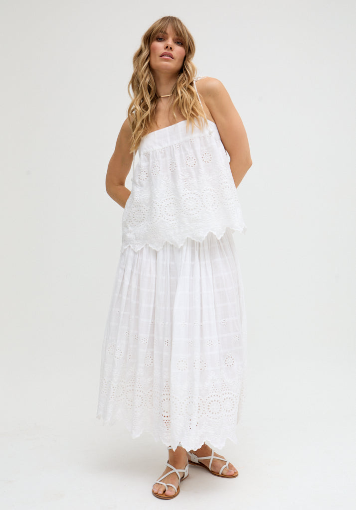 Mirella Smocked Waist Embroidered Midi Skirt In White