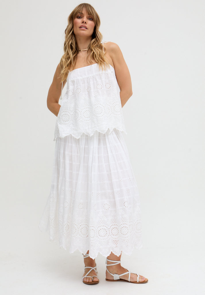 Mirella Smocked Waist Embroidered Midi Skirt In White