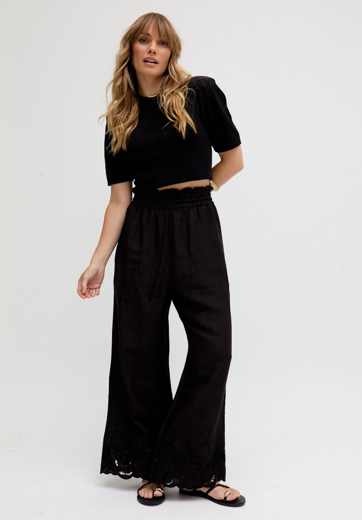 Laya Wide Leg Cutwork Trouser In Black