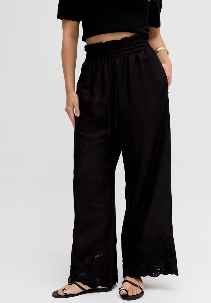 Laya Wide Leg Cutwork Trouser In Black