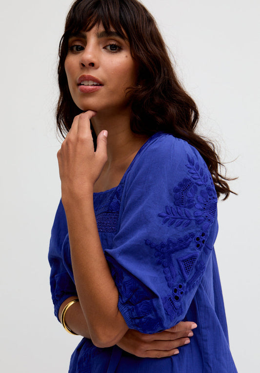 Rhea Square Neck Embroidered Blouse In Blue