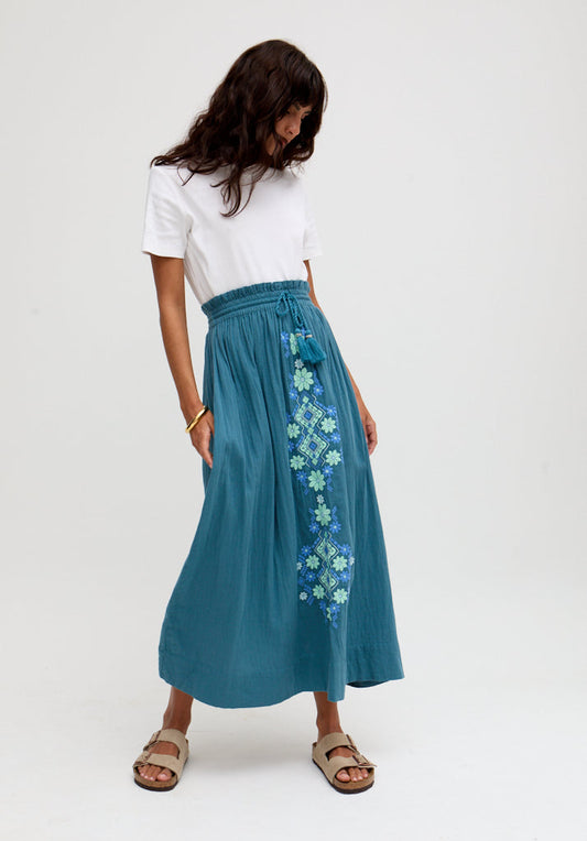 Azalea Paperbag Shirred Waist Maxi Skirt In Blue