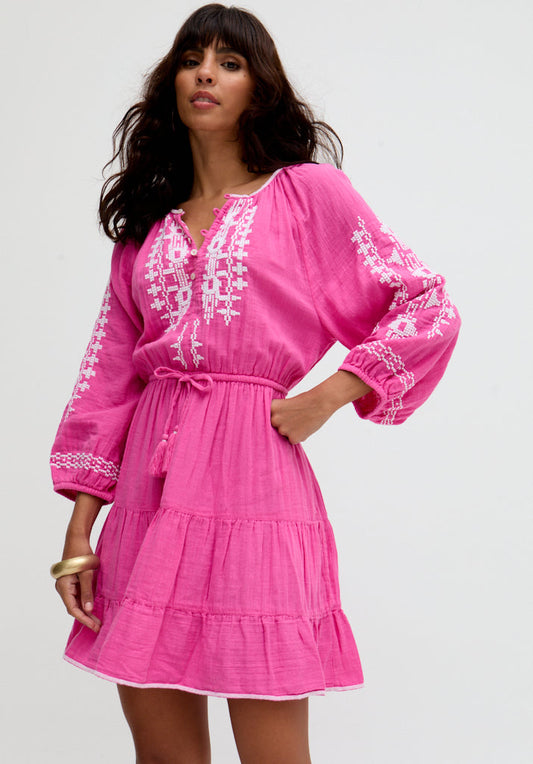 Sophia Tiered Ruffle Embroidered Mini Dress In Pink