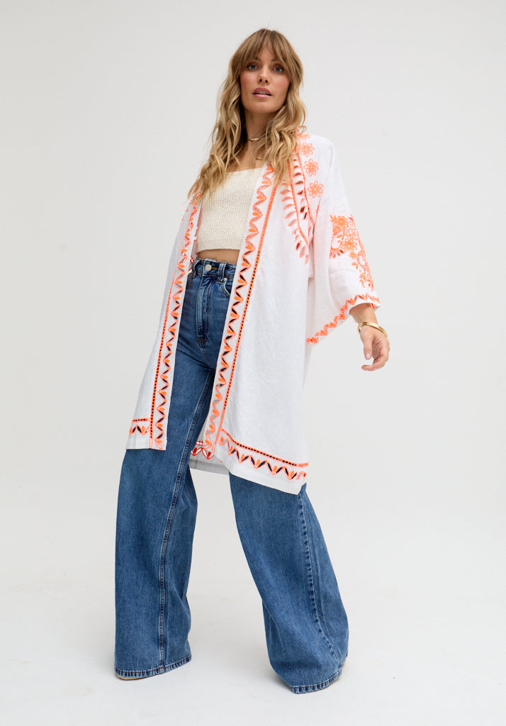 Lupe Edge To Edge Embroidered Kimono In White