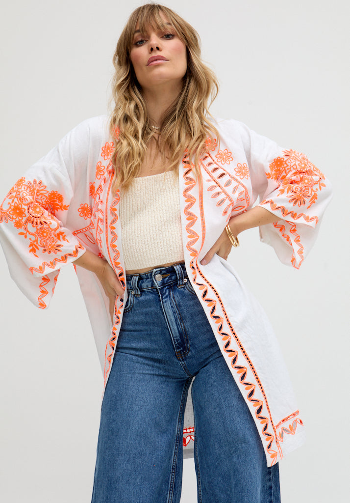 Lupe Edge To Edge Embroidered Kimono In White