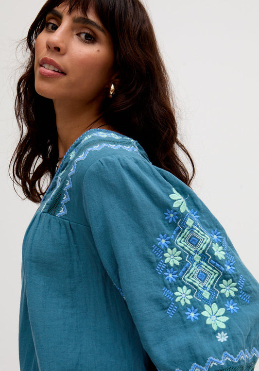 Alice V-Neck Embroidered Blouse In Blue