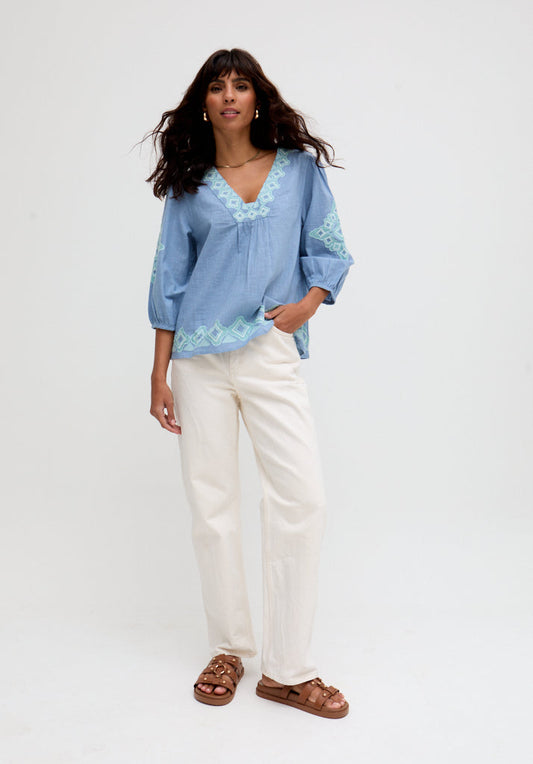 Eve V-Neck Embroidered Blouse In Blue