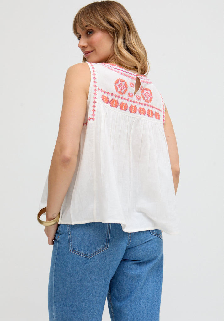 Alma Sleeveless Embroidered Blouse In White