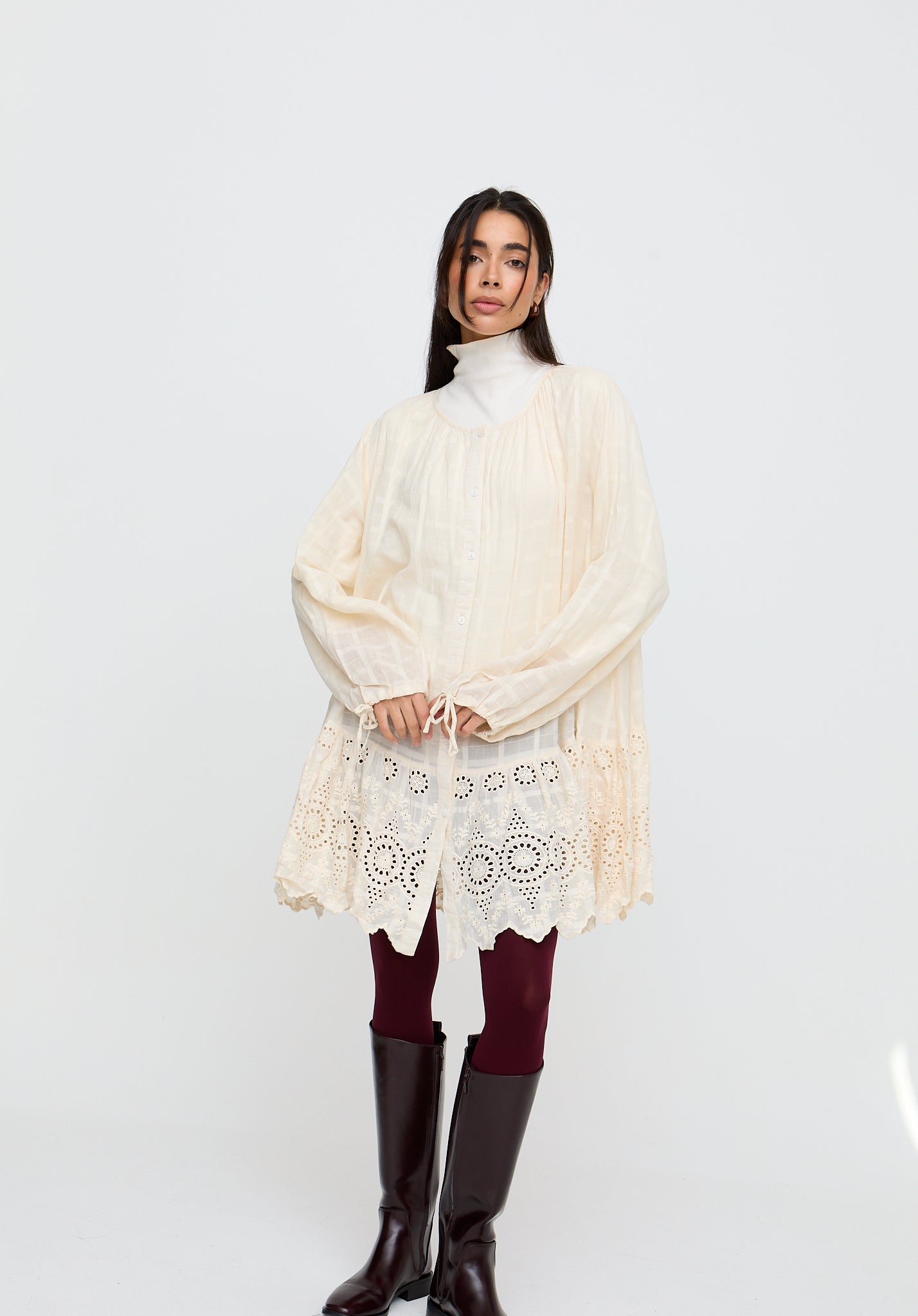 Olivia Button Down Embroidered Mini Dress In Cream