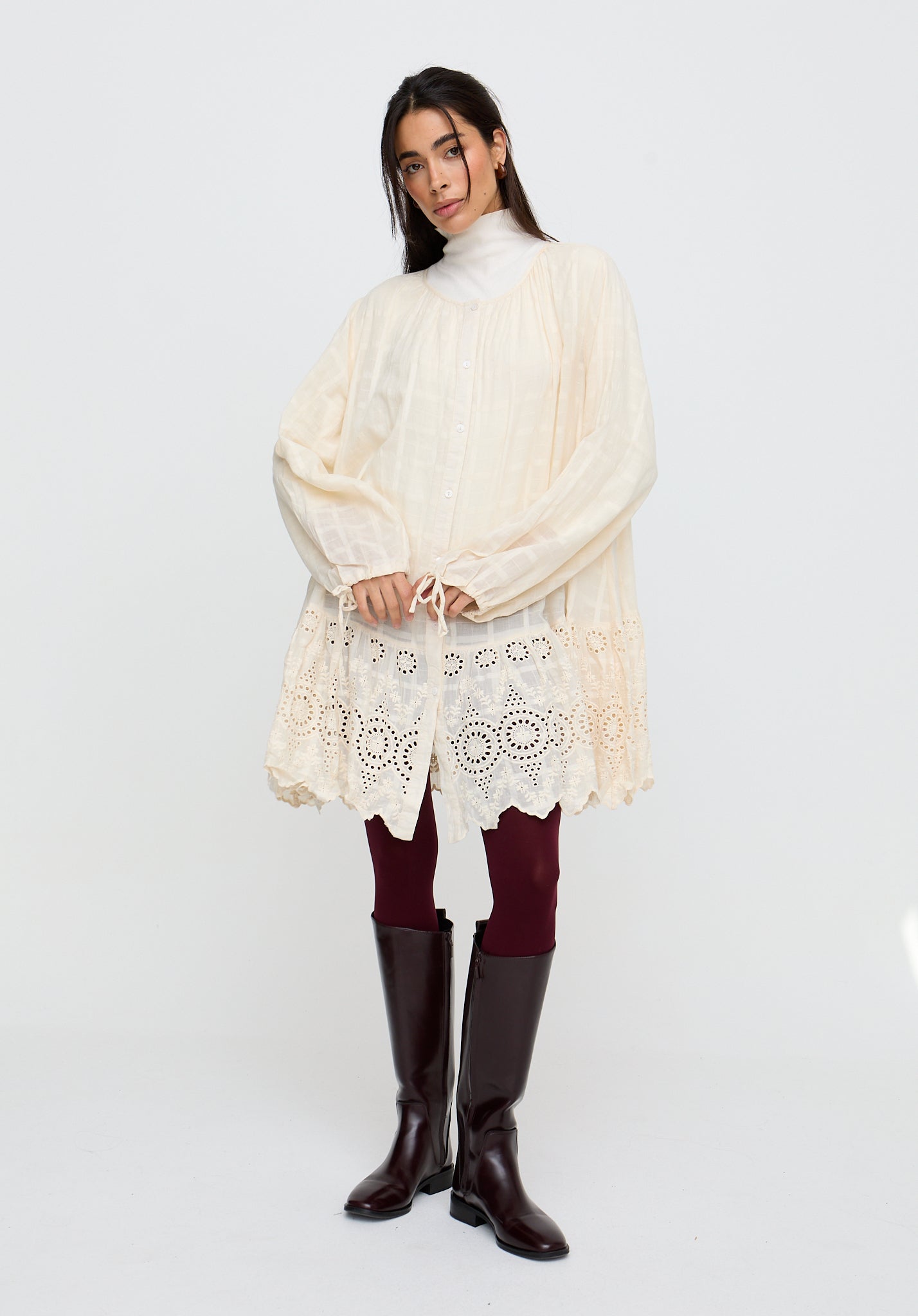 Olivia Button Down Embroidered Mini Dress In Cream