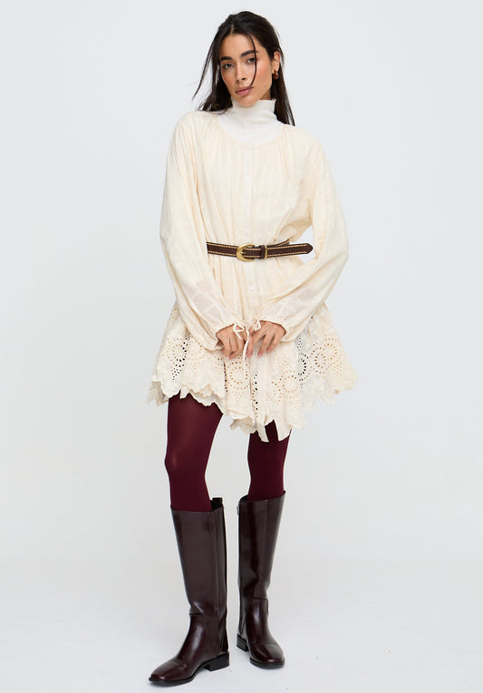 Olivia Button Down Embroidered Mini Dress In Cream