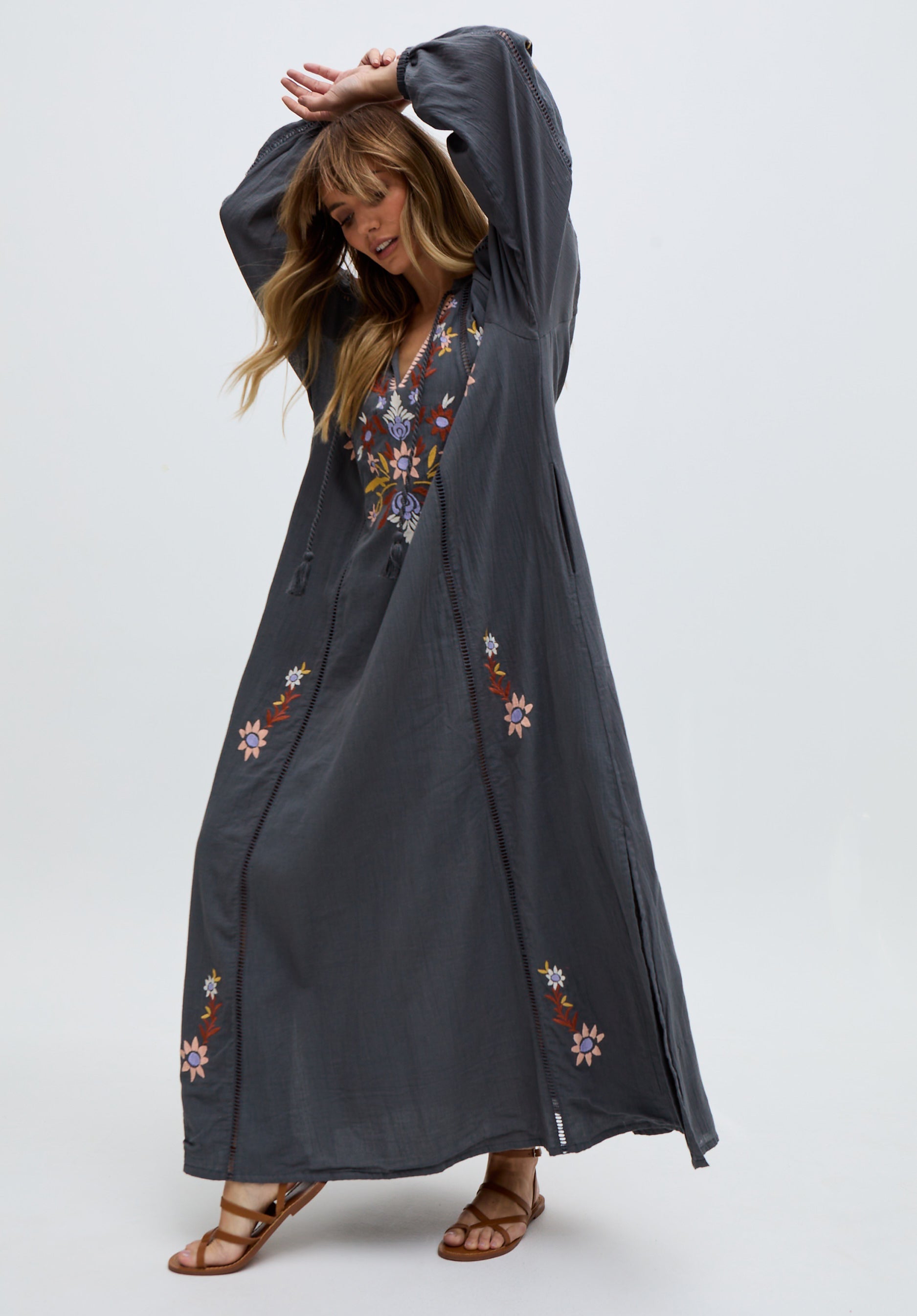 Elisa Kaftan Style Embroidered Maxi Dress In Grey