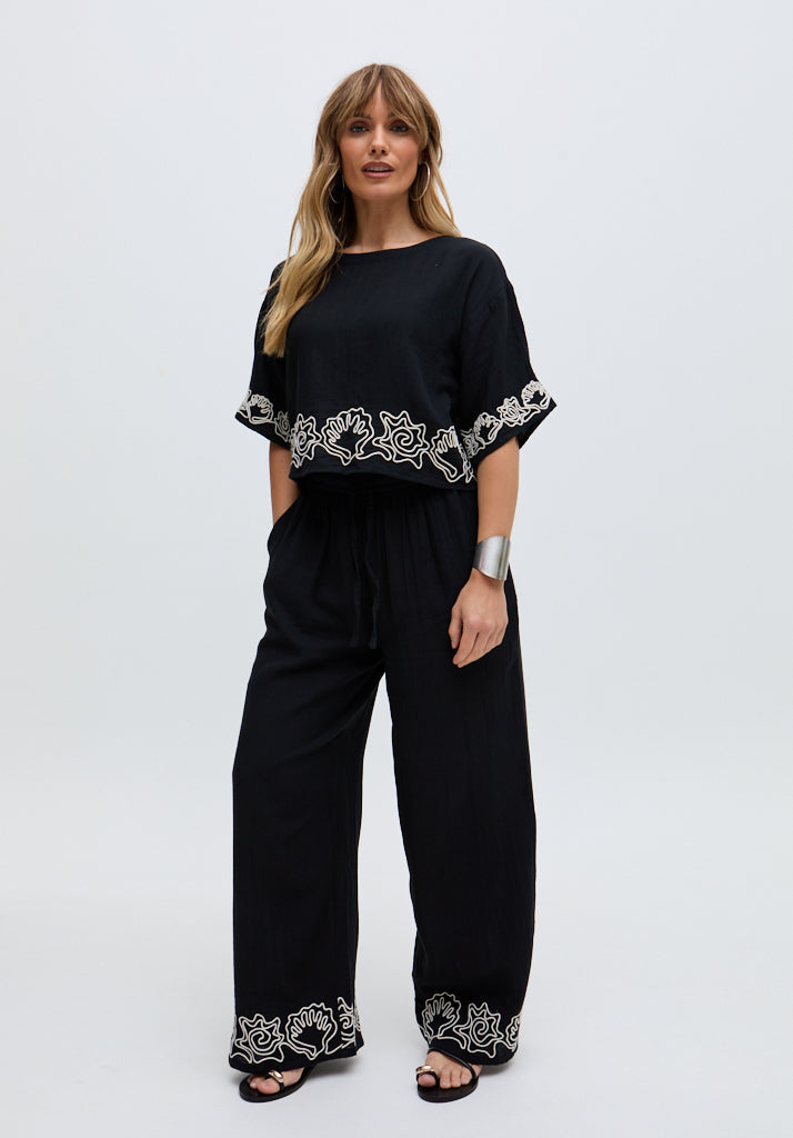 Milly Wide Leg Embroidered Trouser In Black