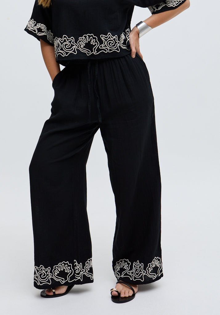 Milly Wide Leg Embroidered Trouser In Black