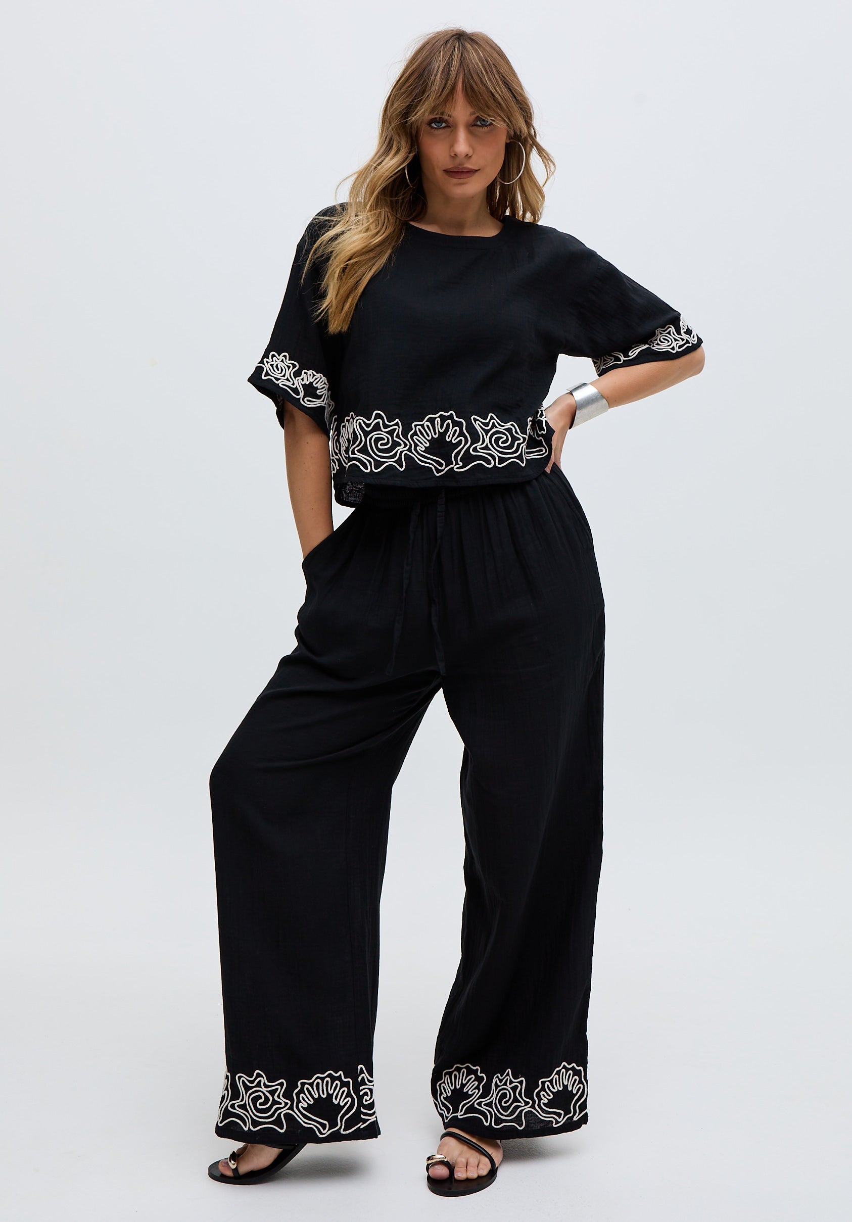 Milly Embroidered Split Open Back Blouse In Black