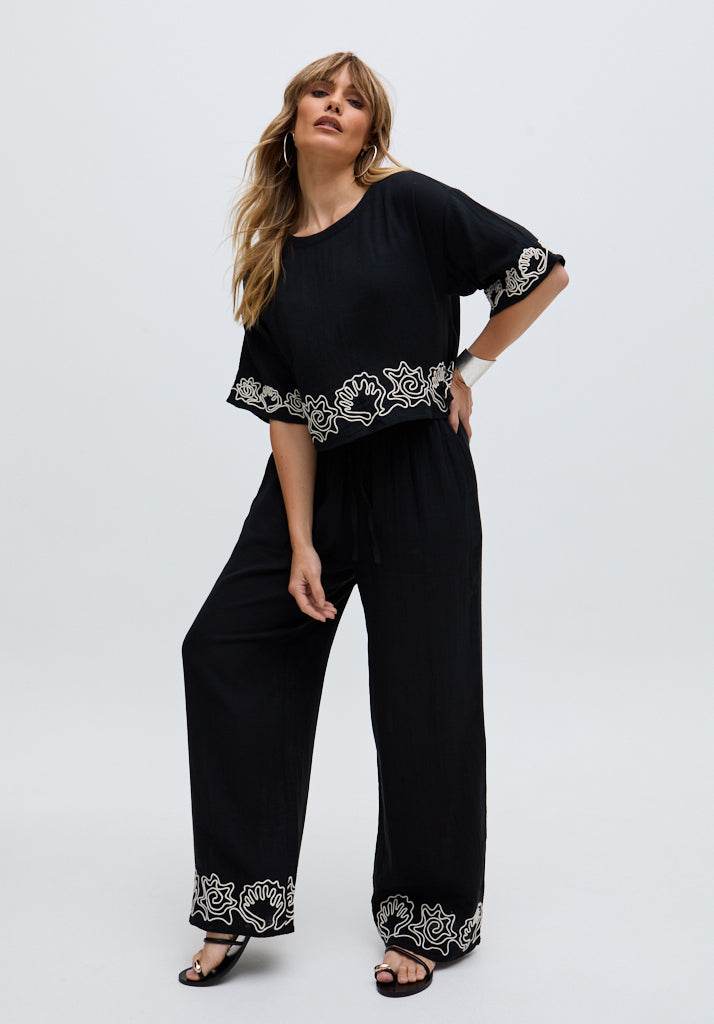 Milly Wide Leg Embroidered Trouser In Black