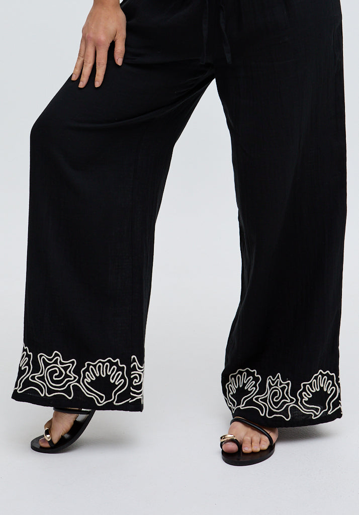 Milly Wide Leg Embroidered Trouser In Black