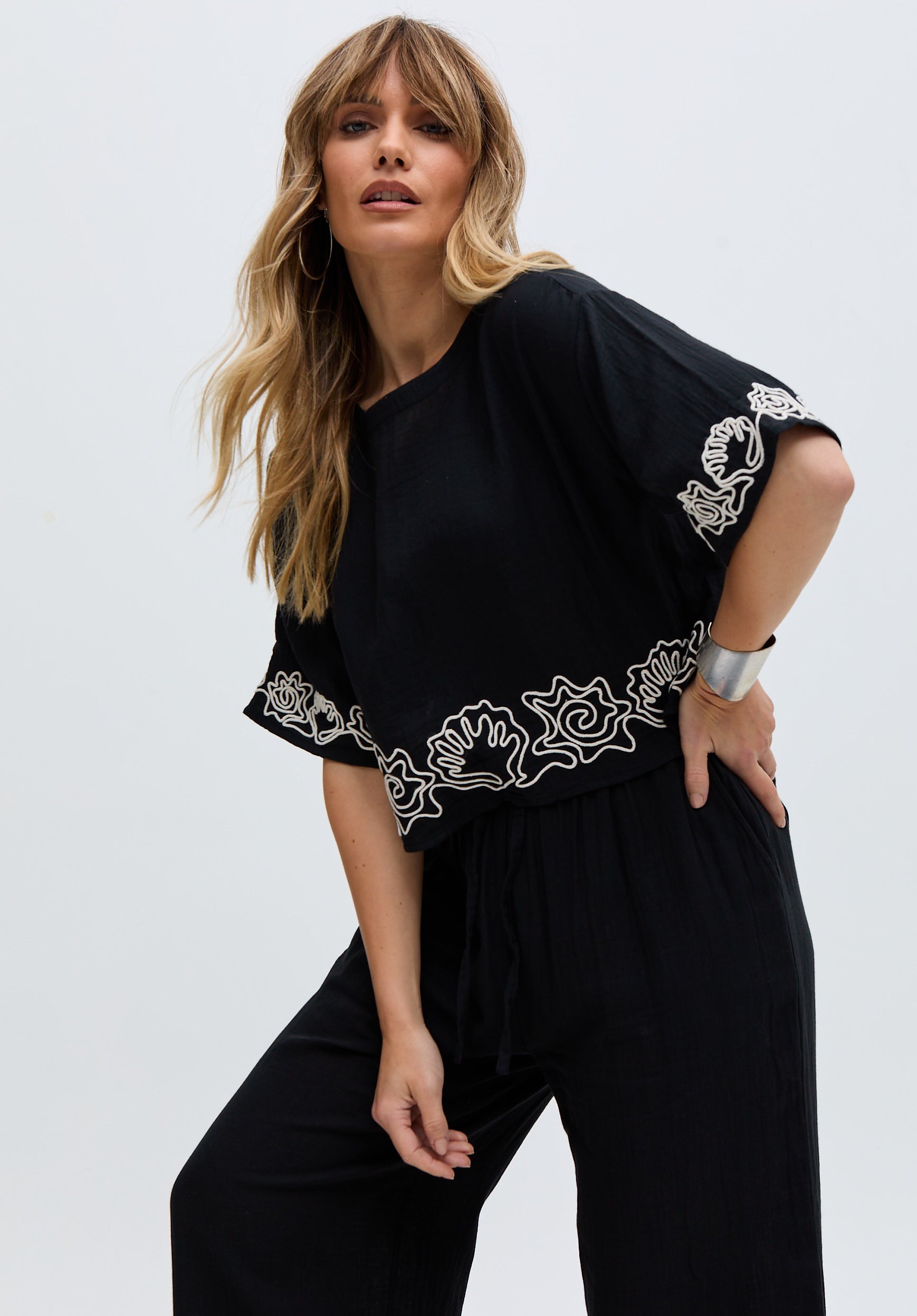 Milly Embroidered Split Open Back Blouse In Black