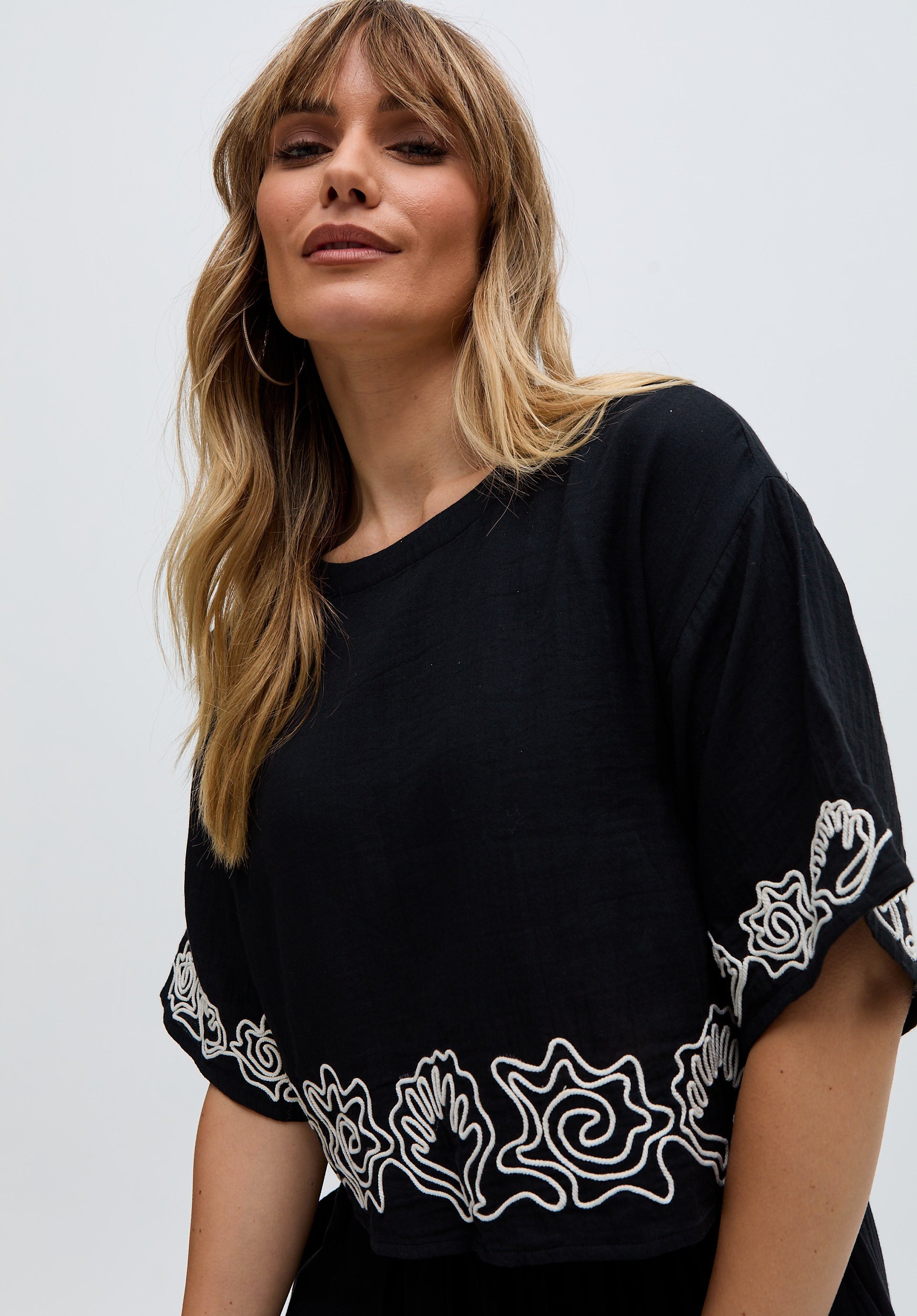 Milly Embroidered Split Open Back Blouse In Black