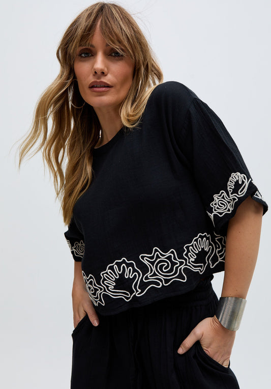 Milly Embroidered Split Open Back Blouse In Black