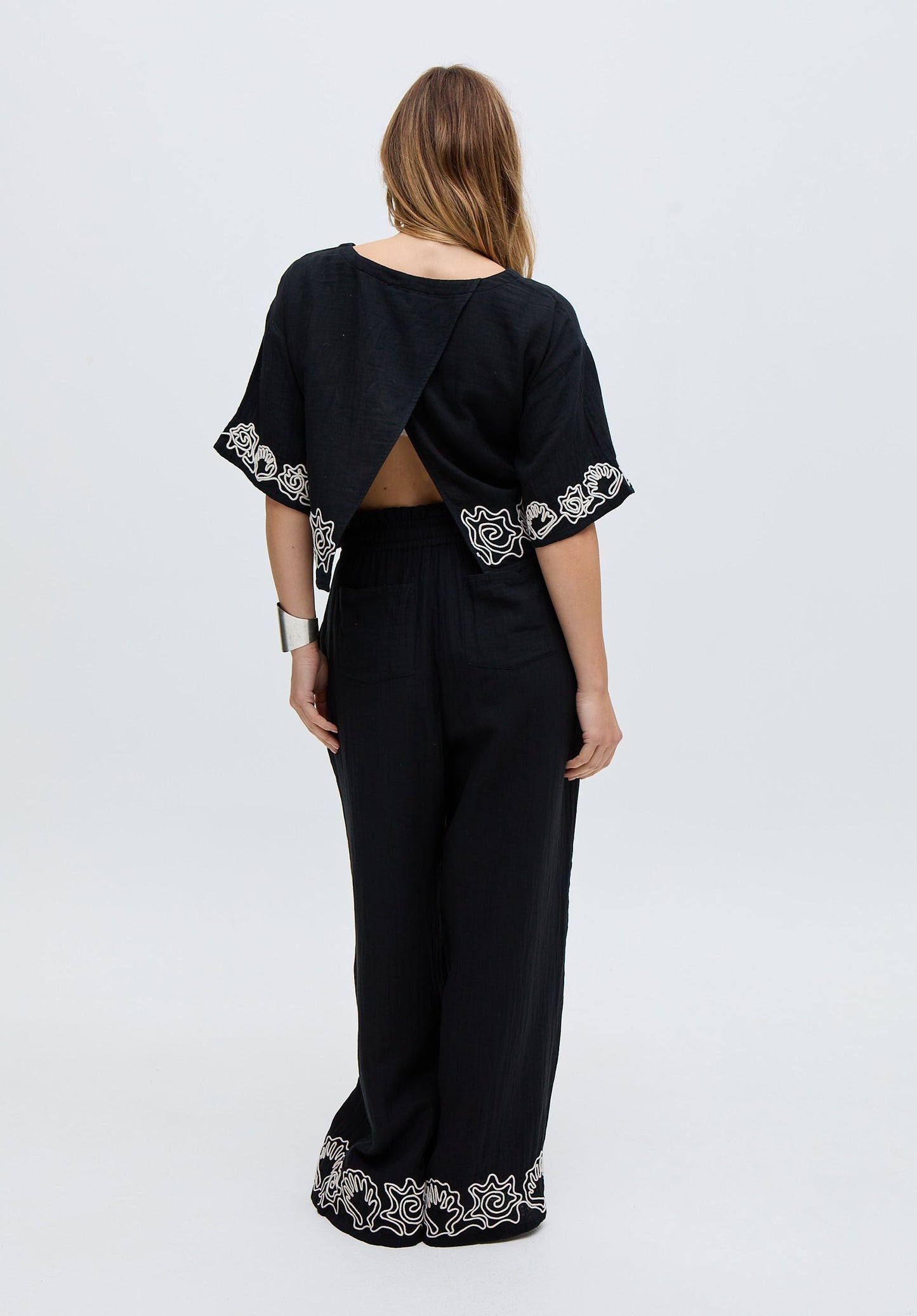 Milly Embroidered Split Open Back Blouse In Black