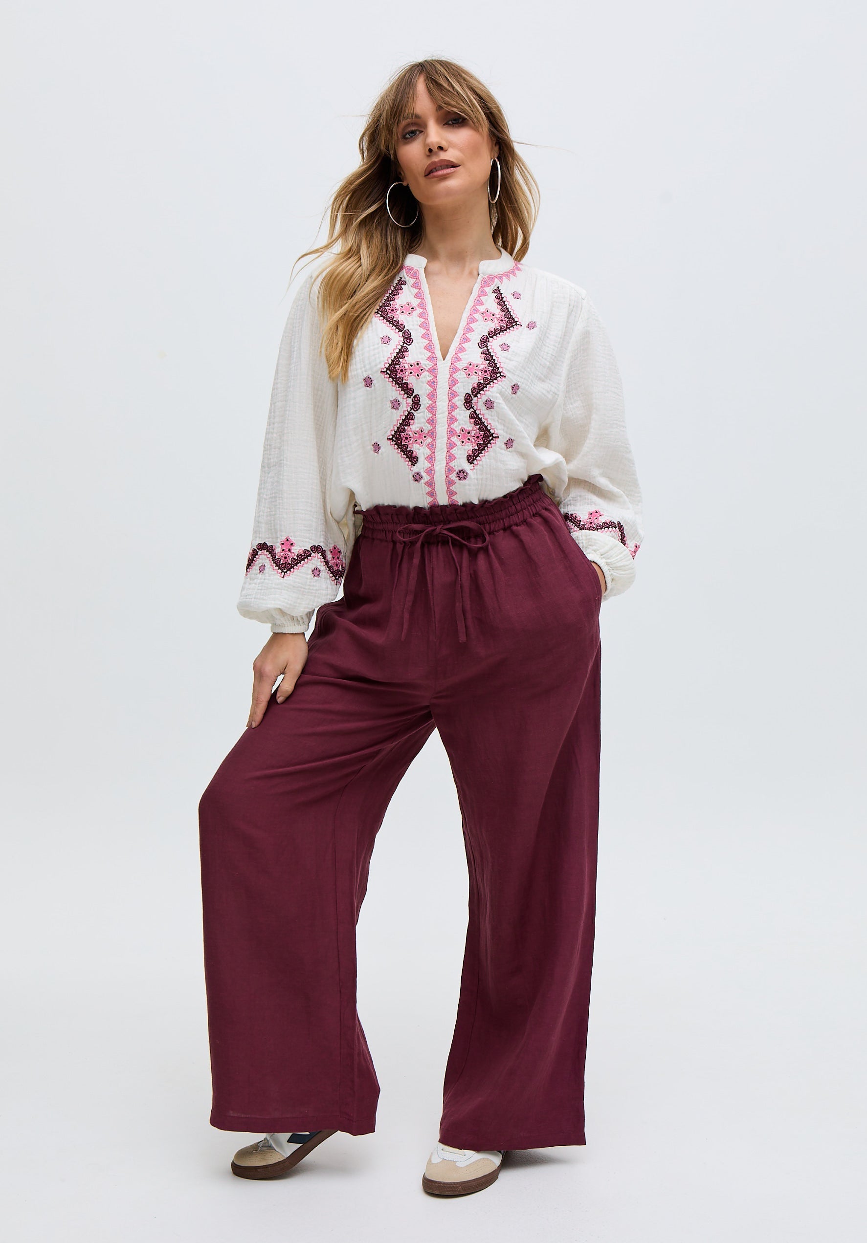 Paulina Wide Leg Trouser In Burgundy