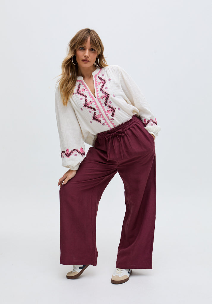 Paulina Wide Leg Trouser In Burgundy