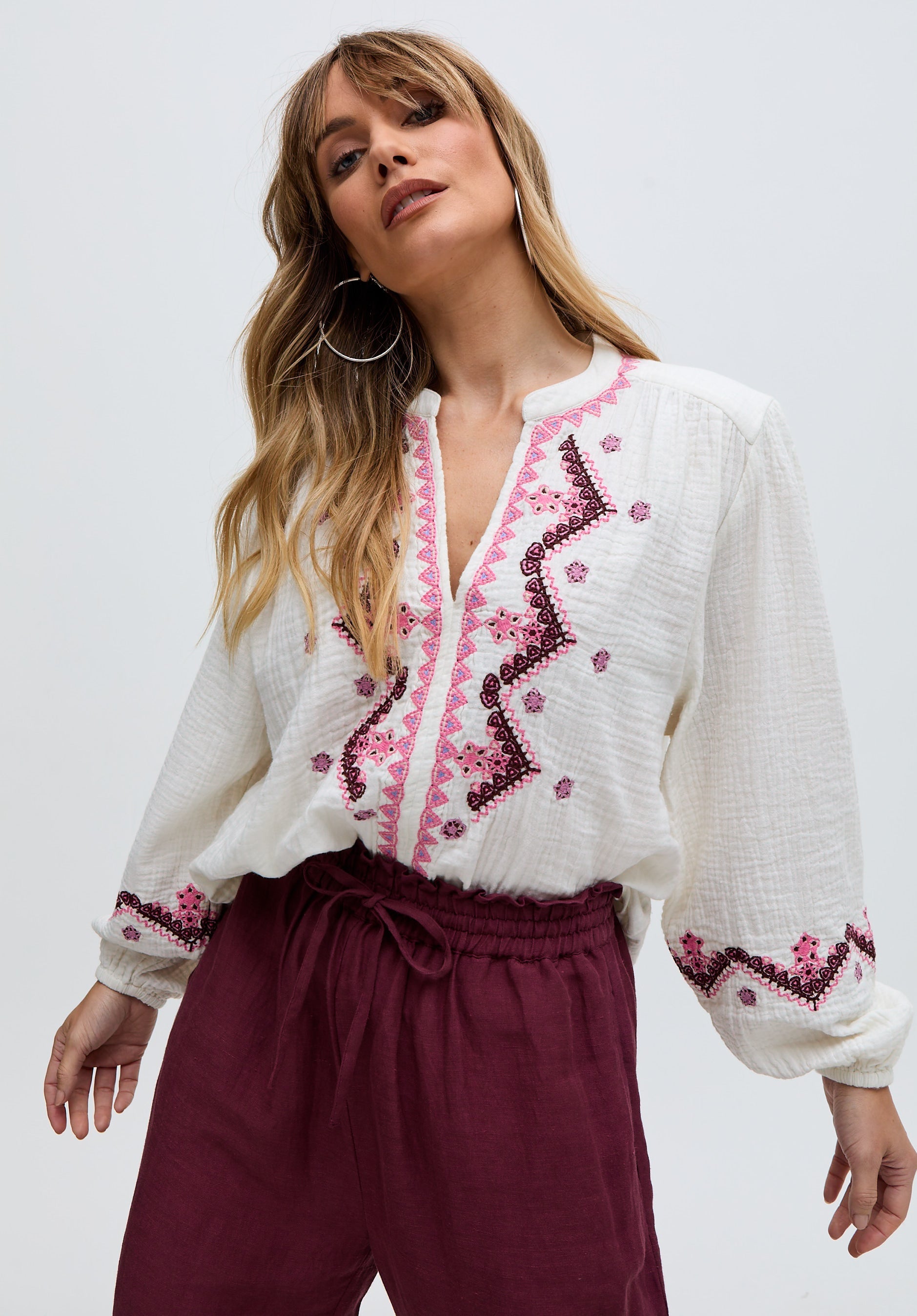 Dina V-Neck Embroidered Double Gauze Blouse In White